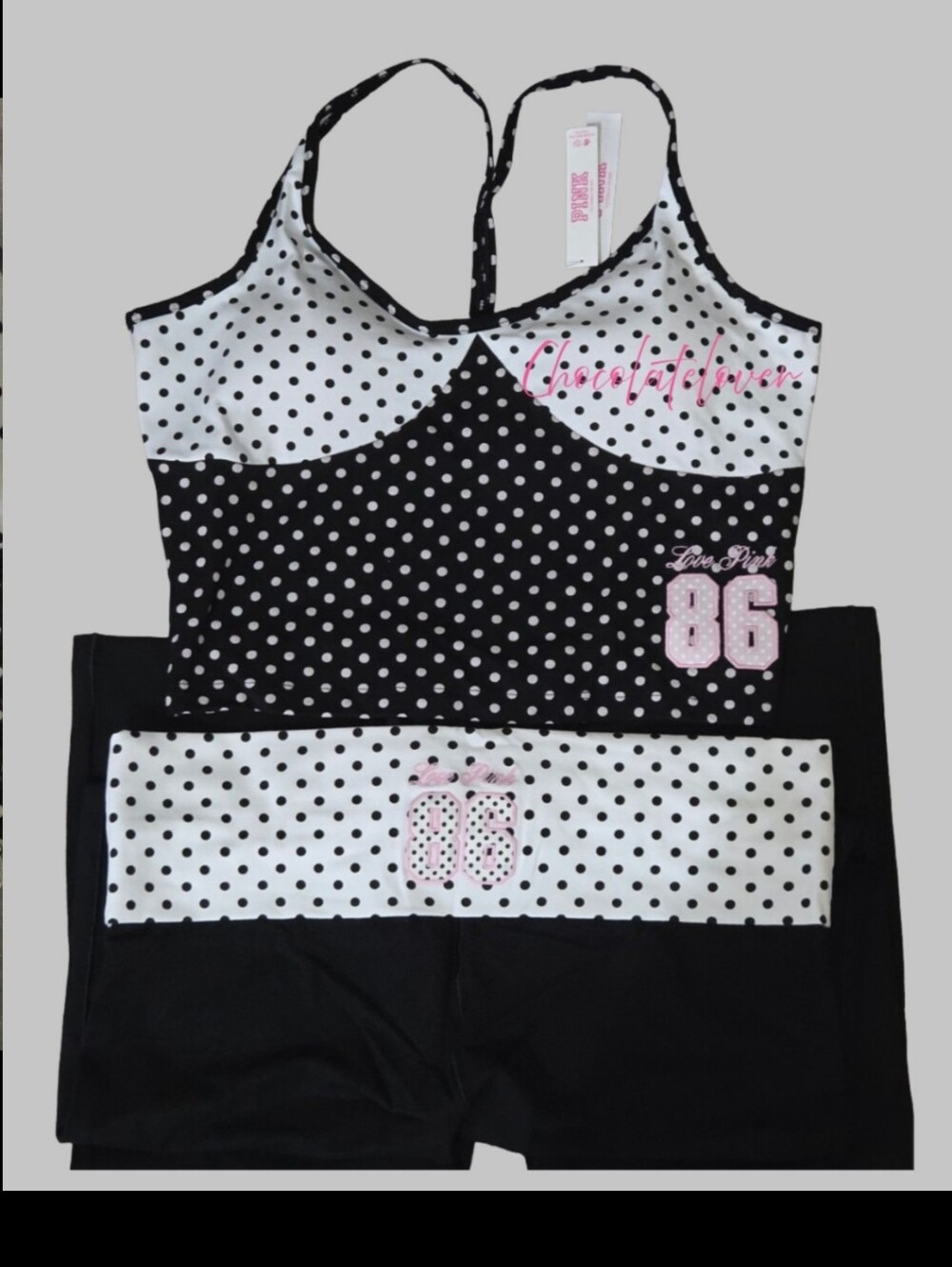Victoria's Secret PINK Black Polka Dot Flare Leggings w/ Bra Tank NWT!♡♡